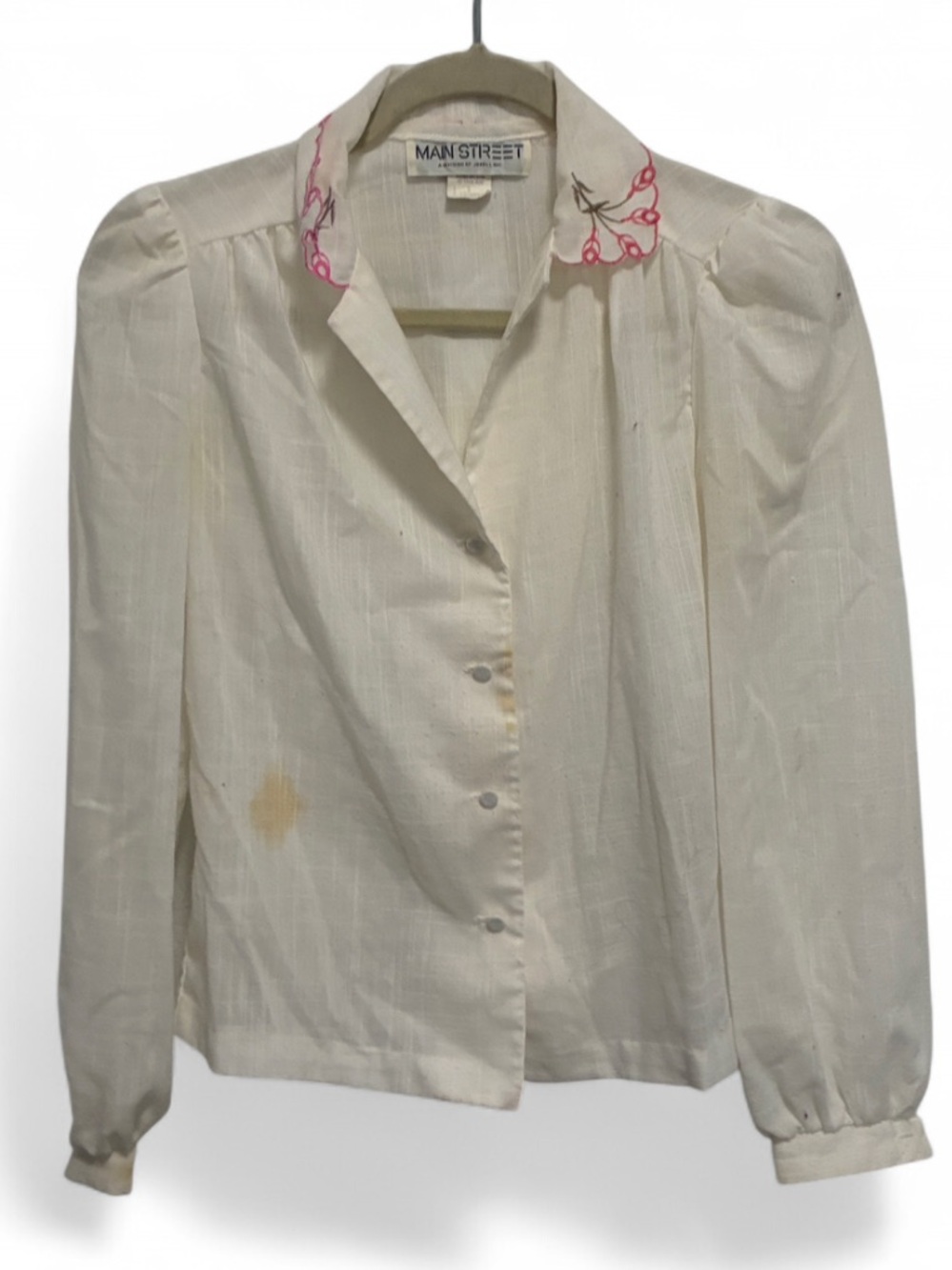 Vintage Mainstreet Cream Button Long Sleeve Button Top with Embroidered Collar